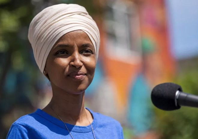 Rep. Ilhan Omar (D-Minn.) speaks to the press during an event in Minneapolis, Minnesota on August 11, 2020. STEPHEN MATUREN/GETTY