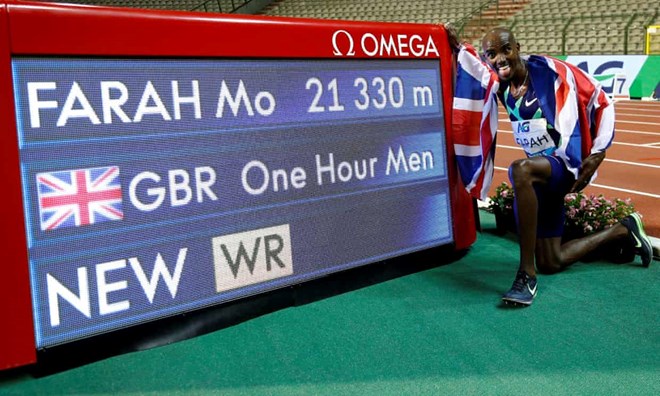 Mo Farah broke the hour record by 45 metres at the Diamond League meeting in Brussels. Photograph: François Lenoir/Reuters
