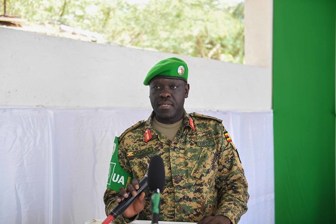 Acting Force Commander of the African Union Transition Mission in Somalia (ATMIS) Brig. Gen. Peter Omola, speaks during the official handover of Maslah Forward Operating Base (FOB) in Mogadishu, Somalia, on 21 January 2023. ATMIS Photo / Mukhtar Nuur