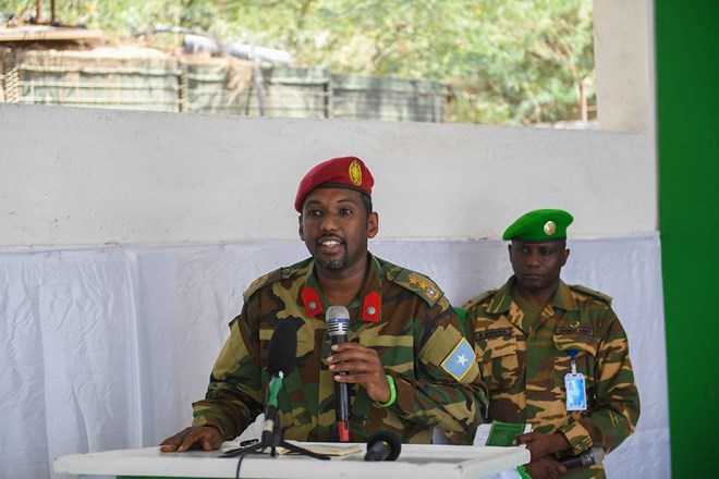 The Advisor to the Chief of Defence Forces (CDF) of the Somali National Army (SNA), Col. Ahmed Mohamed Hassan, speaks during the official handover of Maslah Forward Operating Base (FOB) in Mogadishu, Somalia, on 21 January 2023. ATMIS Photo / Mukhtar Nuur