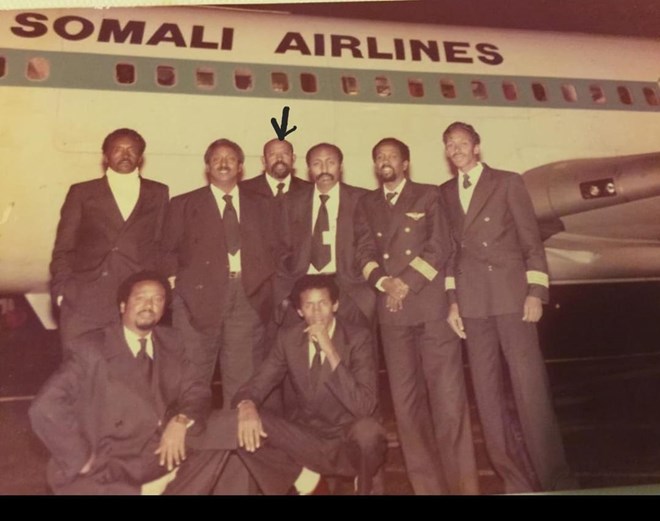 Captain Ofle (black arrow) with other Somali Airlines pilots in this undated photo. SUPPLIED