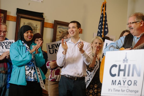 Ben Chin, center, at a campaign event last week in Lewiston, Me. Mr. Chin is a candidate in a runoff election for mayor that will be held Tuesday.