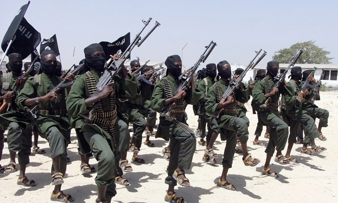 Newly trained al-Shabaab fighters perform military exercises in the Lafofe area of Somalia.
Photograph: Farah Abdi Warsameh/AP