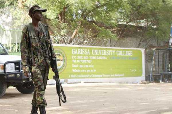 A picture showing a KDF soldier outside Garissa University College after Al-Shabaab attacked the institution on April 3, 2015 killing 147 people. A teacher was on October 12, 2015 kidnapped at Hagadera refugee camp in Dadaab, Garissa County, by people suspected to be members of the Somali-based militant group Al-Shabaab.