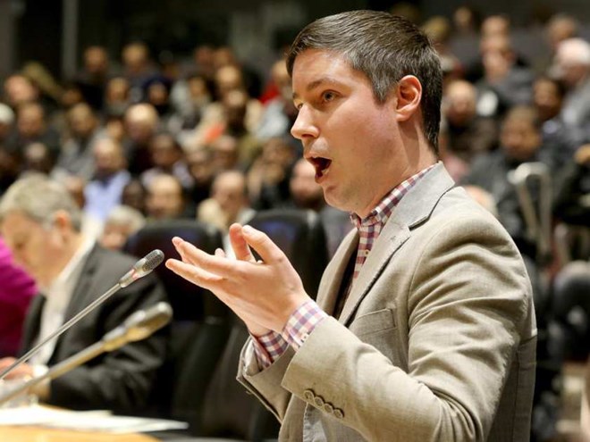Chris Schafer, Public Policy Manager for Uber, addresses the councillors. He was questioned for more than a couple of hours. Community and Protective Services committee meeting at Ottawa City Hall Thursday. JULIE OLIVER / OTTAWA CITIZEN