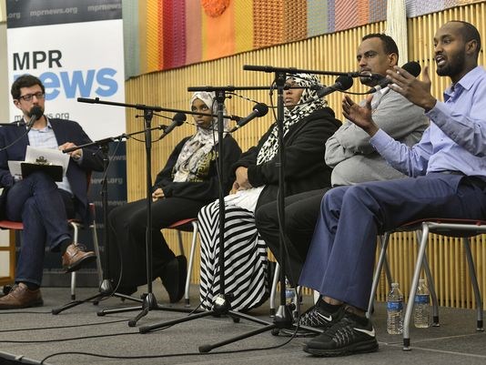 Tom Weber of MPR listens as St. Cloud Somali community member Hassan Yussuf talks about his experience living in St. Cloud on Thursday, Jan. 28 during a Minnesota Public Radio News-sponsored community conversation titled "Muslims in Minnesota" at the St. Cloud Public Library.
(Photo: Kimm Anderson)
