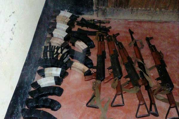 Some of the weapons recovered by police in Isiolo who foiled a major terrorist attack. Security officers in Nairobi were Monday evening piecing together details of a plot to bomb the city, and cordoned off a room in a prime city hotel. PHOTO | FRED MUKINDA | NATION MEDIA GROUP