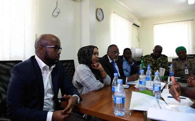 Ambassador Francisco Madeira, the Special Representative of the Chairperson of the African Union Commission (SRCC) for Somalia, Simon Mulongo, the Deputy SRCC, and other senior AMISOM officials in a meeting with Mohamed Abdi Waare, the President of Hirshabelle State of Somalia, and other officials in Mogadishu, on 2 February 2019. AMISOM Photo / Omar Abdisalan