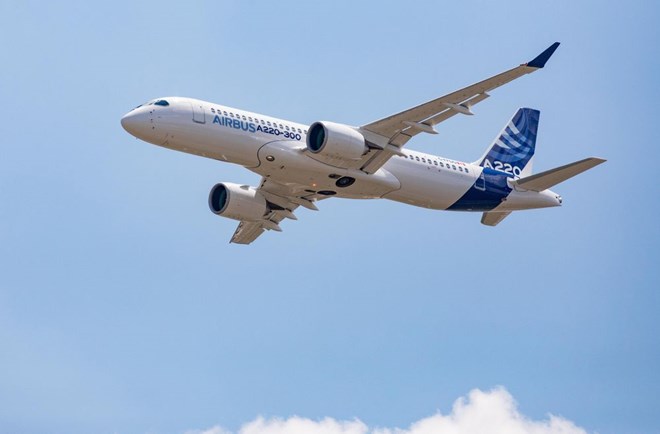 A new Airbus A220 single-aisle aircraft. Photographer: Christophe Morin/Bloomberg