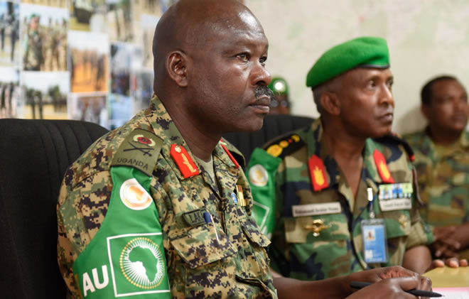 Maj. Gen. Nakibus Lakara, the AMISOM Deputy Force Commander, meets senior officers from the sector four contingent of AMISOM during a working visit to Beletweyne, Somalia on 15 September 2019. AMISOM Photo / Steven Candia